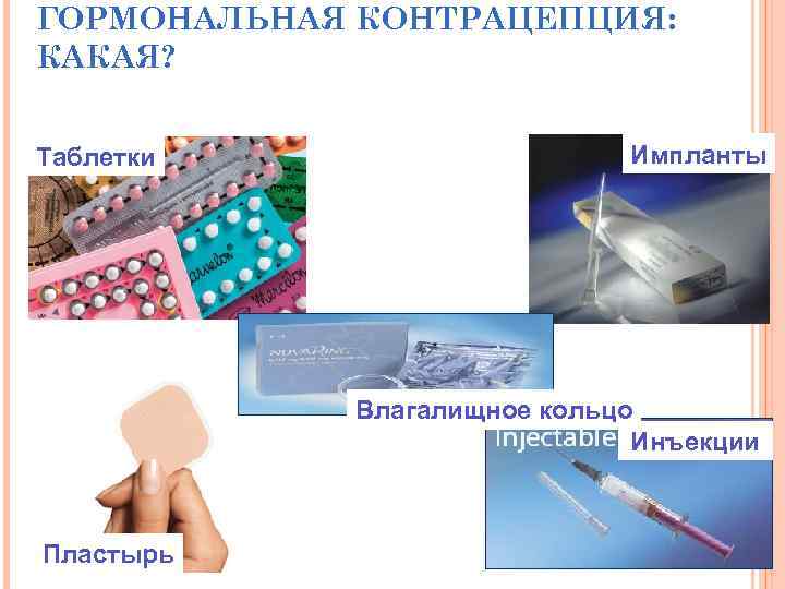 ГОРМОНАЛЬНАЯ КОНТРАЦЕПЦИЯ: КАКАЯ? Таблетки Импланты Влагалищное кольцо Инъекции Пластырь 