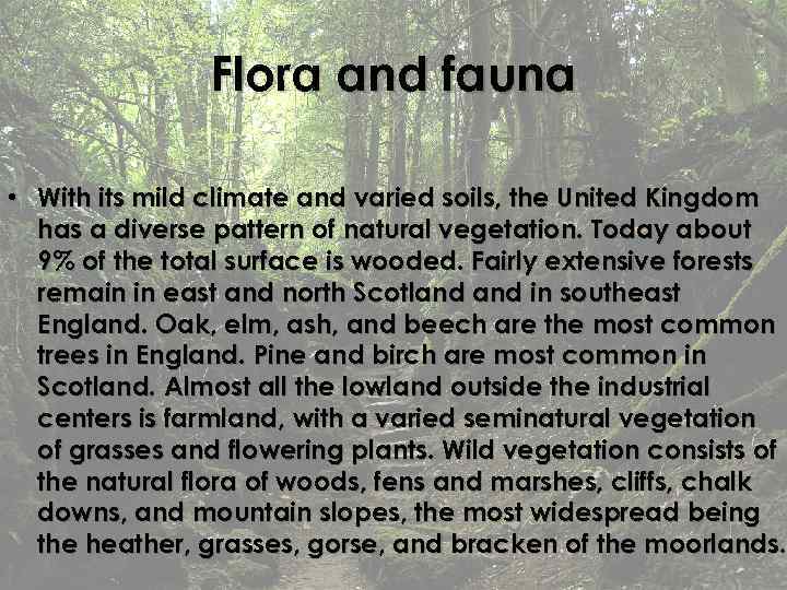 Flora and fauna • With its mild climate and varied soils, the United Kingdom