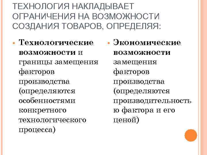 ТЕХНОЛОГИЯ НАКЛАДЫВАЕТ ОГРАНИЧЕНИЯ НА ВОЗМОЖНОСТИ СОЗДАНИЯ ТОВАРОВ, ОПРЕДЕЛЯЯ: § Технологические возможности и границы замещения