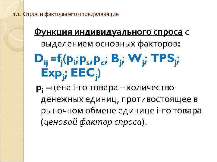 1. 1. Спрос и факторы его определяющие Функция индивидуального спроса с выделением основных факторов: