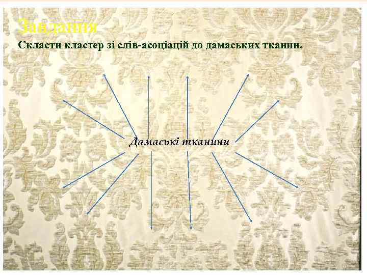 Завдання Скласти кластер зі слів-асоціацій до дамаських тканин. Дамаські тканини 