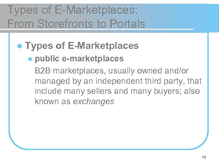Types of E-Marketplaces: From Storefronts to Portals l Types l of E-Marketplaces public e-marketplaces
