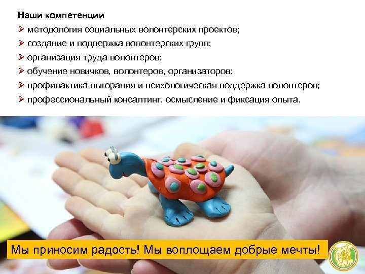 Наши компетенции Ø методология социальных волонтерских проектов; Ø создание и поддержка волонтерских групп; Ø