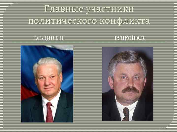 Главные участники политического конфликта ЕЛЬЦИН Б. Н. РУЦКОЙ А. В. 