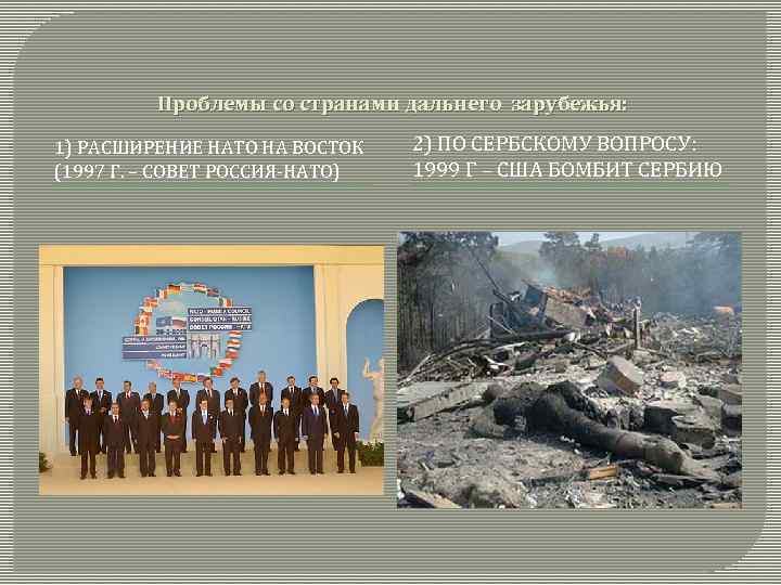 Проблемы со странами дальнего зарубежья: 1) РАСШИРЕНИЕ НАТО НА ВОСТОК (1997 Г. – СОВЕТ