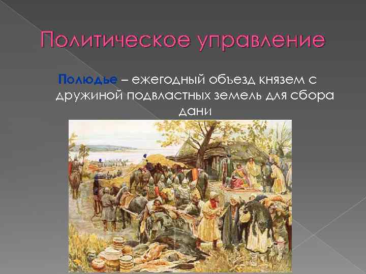 Политическое управление Полюдье – ежегодный объезд князем с дружиной подвластных земель для сбора дани