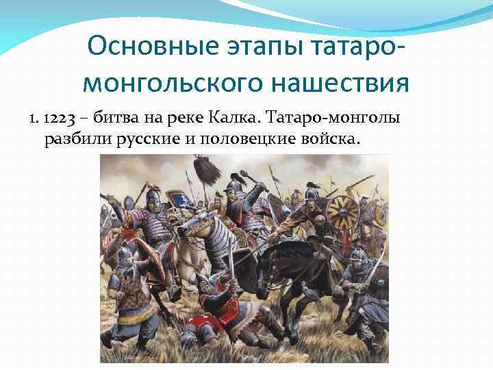 Основные этапы татаромонгольского нашествия 1. 1223 – битва на реке Калка. Татаро-монголы разбили русские