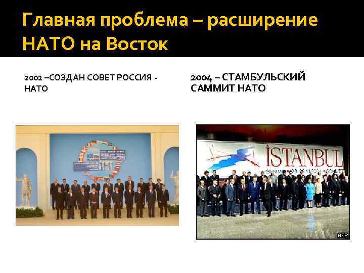Главная проблема – расширение НАТО на Восток 2002 –СОЗДАН СОВЕТ РОССИЯ НАТО 2004 –
