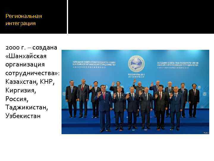 Региональная интеграция 2000 г. – создана «Шанхайская организация сотрудничества» : Казахстан, КНР, Киргизия, Россия,