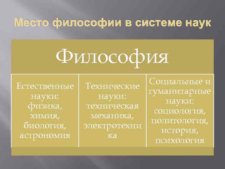 Место философии в системе наук Философия Естественные науки: физика, химия, биология, астрономия Социальные и