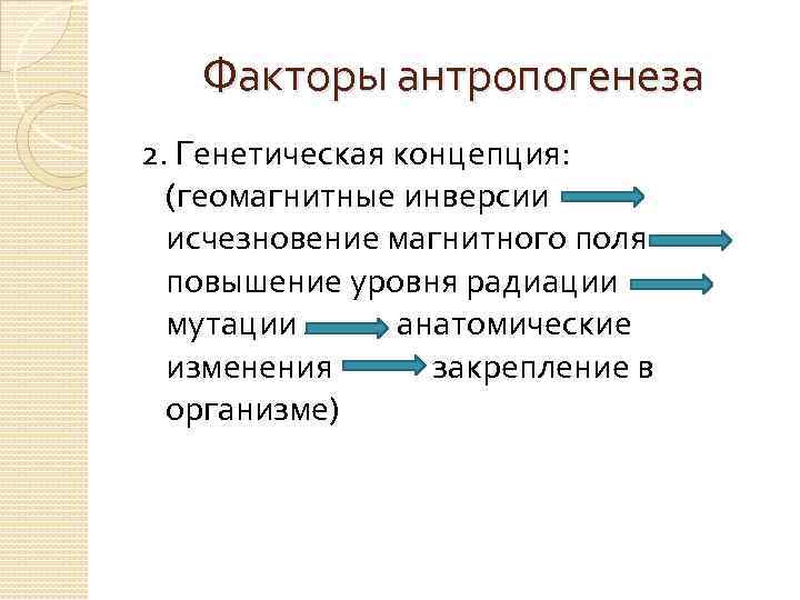 Факторы антропогенеза 2. Генетическая концепция: (геомагнитные инверсии исчезновение магнитного поля повышение уровня радиации мутации