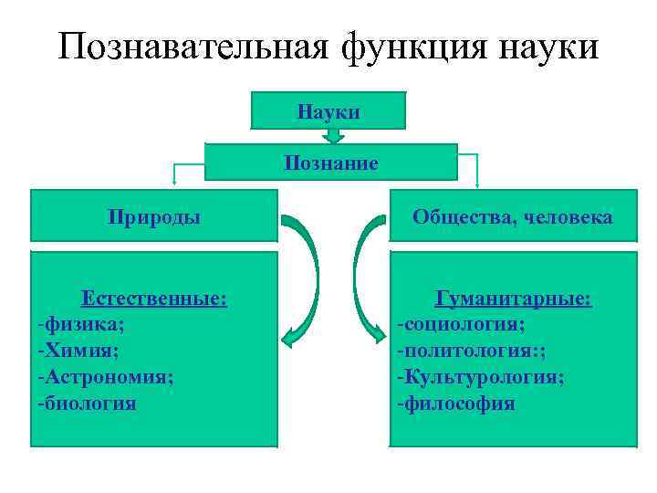 Познавательная функция науки Науки Познание Природы Естественные: -физика; -Химия; -Астрономия; -биология Общества, человека Гуманитарные: