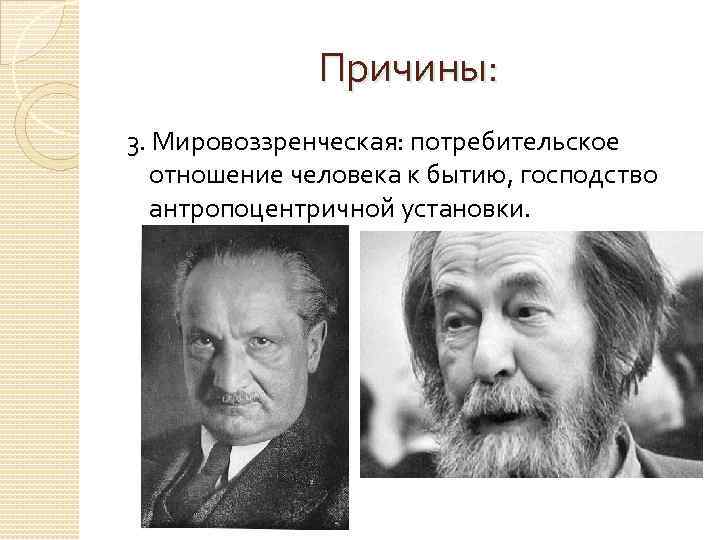 Причины: 3. Мировоззренческая: потребительское отношение человека к бытию, господство антропоцентричной установки. 