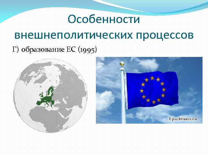 Особенности внешнеполитических процессов Г) образование ЕС (1995) 