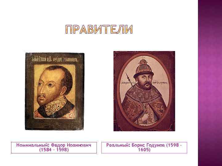 Номинальный: Федор Иоаннович (1584 – 1598) Реальный: Борис Годунов (1598 – 1605) 