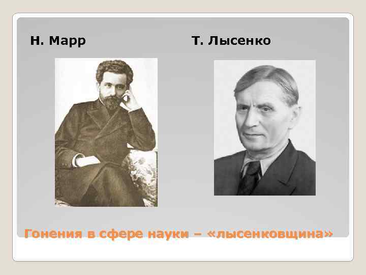 Н. Марр Т. Лысенко Гонения в сфере науки – «лысенковщина» 