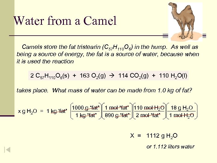 Water from a Camels store the fat tristearin (C 57 H 110 O 6)