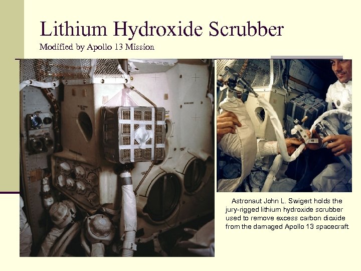 Lithium Hydroxide Scrubber Modified by Apollo 13 Mission Astronaut John L. Swigert holds the