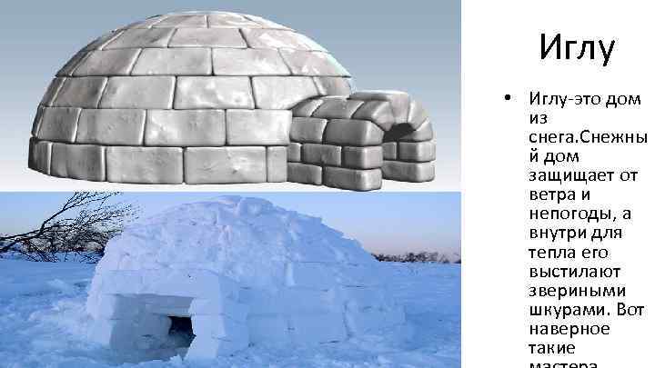 Иглу • Иглу-это дом из снега. Снежны й дом защищает от ветра и непогоды,