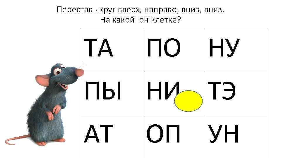 Переставь круг вверх, направо, вниз. На какой он клетке? ТА ПО НУ ПЫ НИ