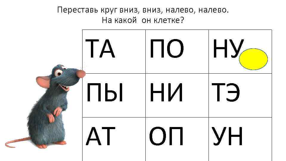 Переставь круг вниз, налево, налево. На какой он клетке? ТА ПО НУ ПЫ НИ