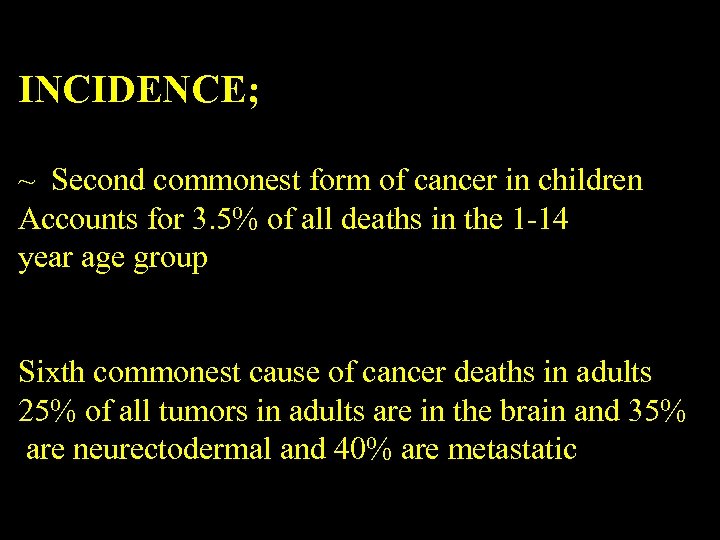 INCIDENCE; ~ Second commonest form of cancer in children Accounts for 3. 5% of