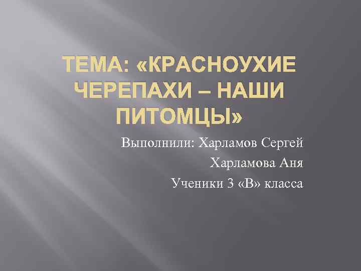 ТЕМА: «КРАСНОУХИЕ ЧЕРЕПАХИ – НАШИ ПИТОМЦЫ» Выполнили: Харламов Сергей Харламова Аня Ученики 3 «В»