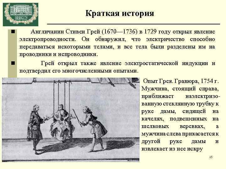 Краткая история Англичанин Стивен Грей (1670— 1736) в 1729 году открыл явление электропроводности. Он