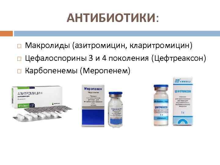 АНТИБИОТИКИ: Макролиды (азитромицин, кларитромицин) Цефалоспорины 3 и 4 поколения (Цефтреаксон) Карбопенемы (Меропенем) 