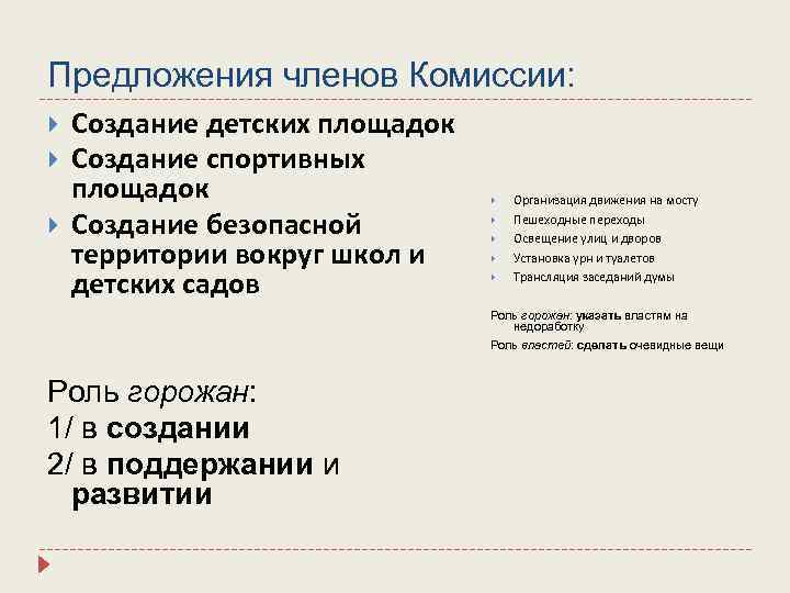 Предложения членов Комиссии: Создание детских площадок Создание спортивных площадок Создание безопасной территории вокруг школ