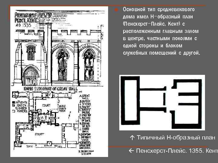 n Основной тип средневекового дома имел Н-образный план (Пенсхерст-Плейс, Кент) с расположенным главным залом