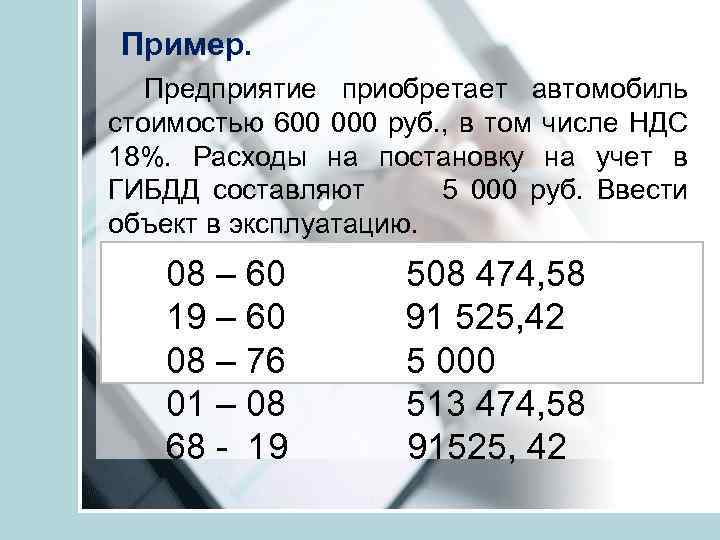 Пример. Предприятие приобретает автомобиль стоимостью 600 000 руб. , в том числе НДС 18%.