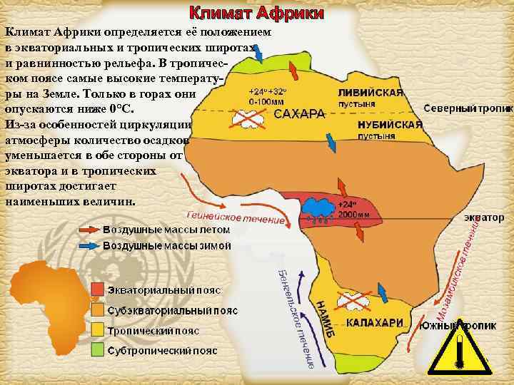 Климат Африки определяется её положением в экваториальных и тропических широтах и равнинностью рельефа. В