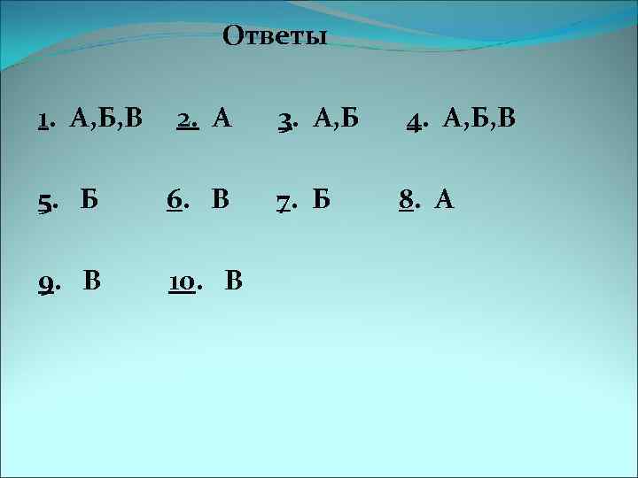  Ответы 1. А, Б, В 2. А 3. А, Б 4. А, Б,