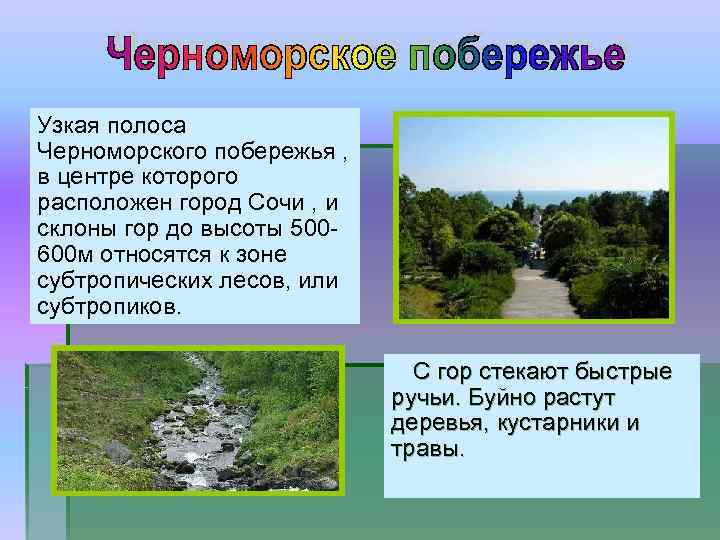 Узкая полоса Черноморского побережья , в центре которого расположен город Сочи , и склоны