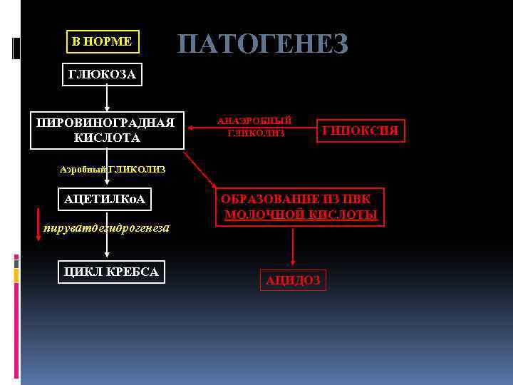 В НОРМЕ ПАТОГЕНЕЗ ГЛЮКОЗА ПИРОВИНОГРАДНАЯ КИСЛОТА АНАЭРОБНЫЙ ГЛИКОЛИЗ ГИПОКСИЯ Аэробный ГЛИКОЛИЗ АЦЕТИЛКо. А пируватдегидрогенеза