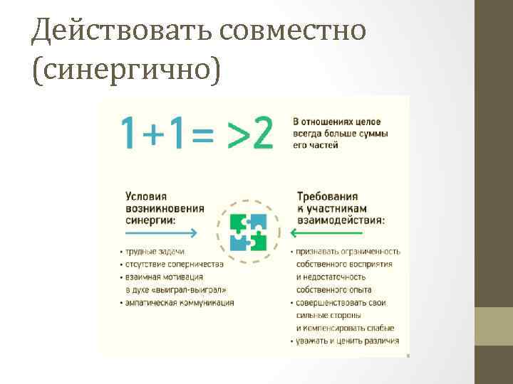 Действовать совместно (синергично) 