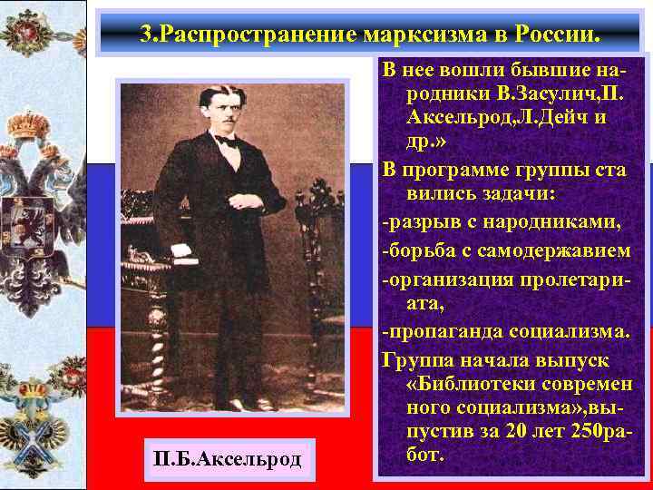 3. Распространение марксизма в России. П. Б. Аксельрод В нее вошли бывшие народники В.