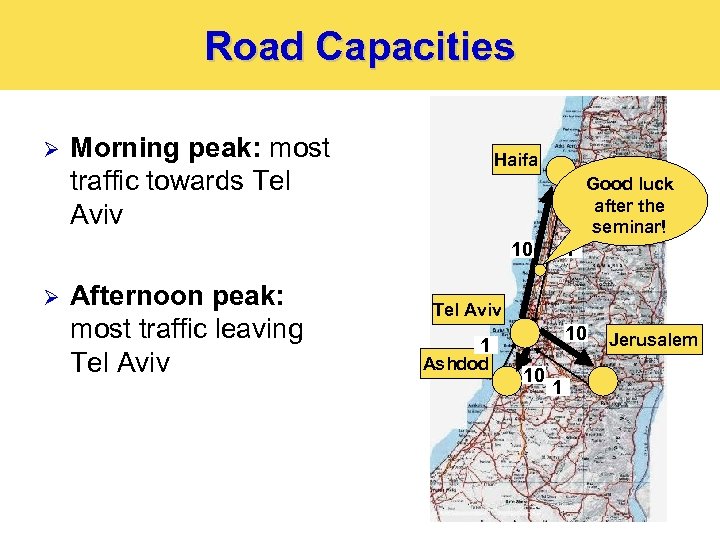 Road Capacities Ø Morning peak: most traffic towards Tel Aviv Haifa Good luck after