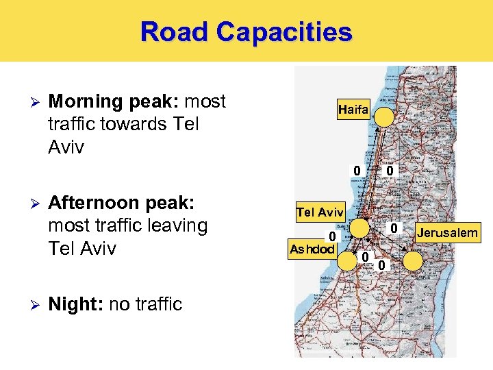 Road Capacities Ø Morning peak: most traffic towards Tel Aviv Haifa 0 Ø Ø
