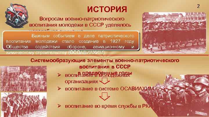 ИСТОРИЯ Вопросам военно-патриотического воспитания молодежи в СССР уделялось неослабное внимание Важным событием в деле