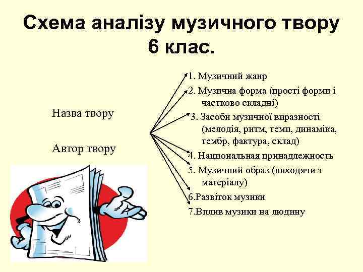 Схема аналізу музичного твору 6 клас. Назва твору Автор твору 1. Музичний жанр 2.