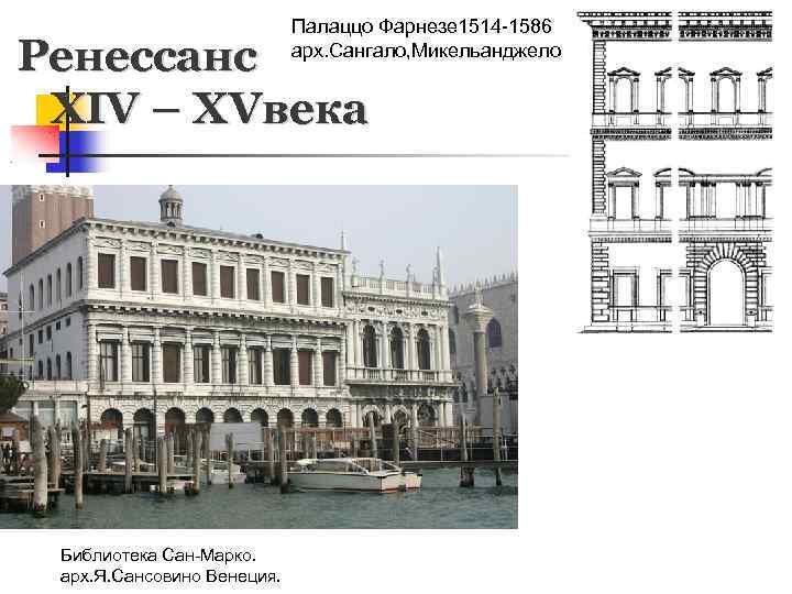 Палаццо Фарнезе 1514 -1586 арх. Сангало, Микельанджело Ренессанс XIV – XVвека Библиотека Сан-Марко. арх.