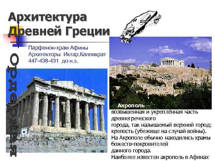 Архитектура Древней Греции Парфенон-храм Афины Архитекторы Иктар, Калликрат 447 -438 -431 до н. э.