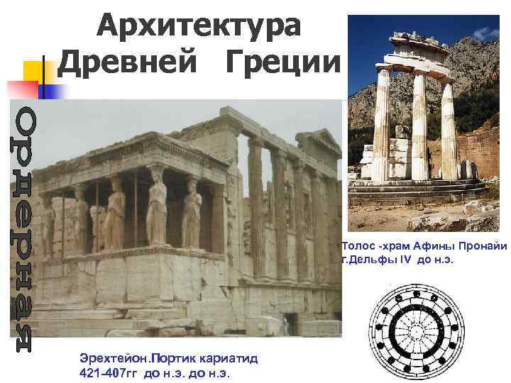 Архитектура Древней Греции Храм ТИКА. Высотой 38 м Толос -храм Афины Пронайи г. Дельфы