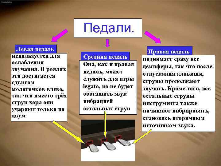 Педали. Левая педаль используется для ослабления звучания. В роялях это достигается сдвигом молоточков влево,