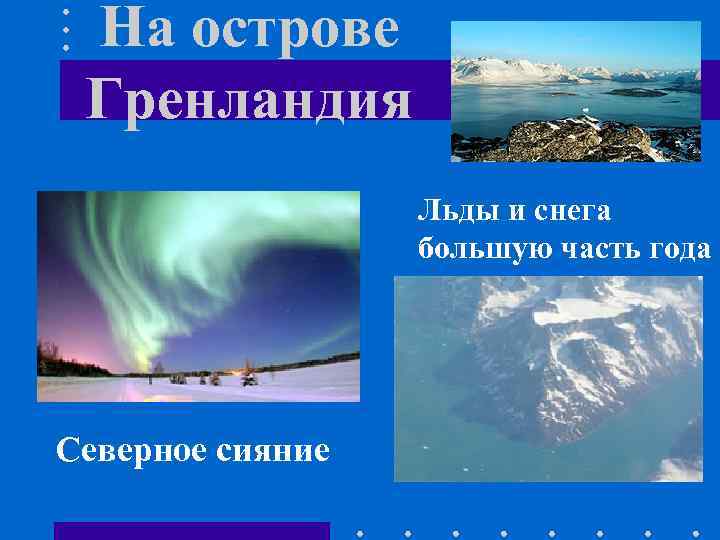 На острове Гренландия Льды и снега большую часть года Северное сияние 