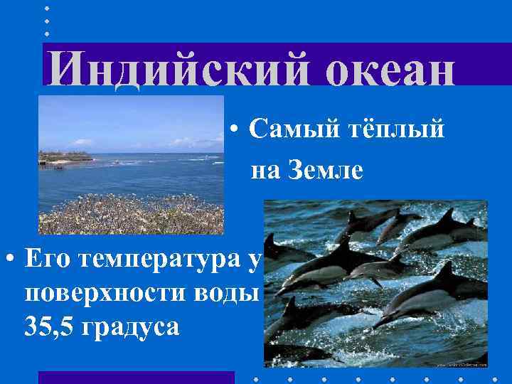 Индийский океан • Самый тёплый на Земле • Его температура у поверхности воды 35,