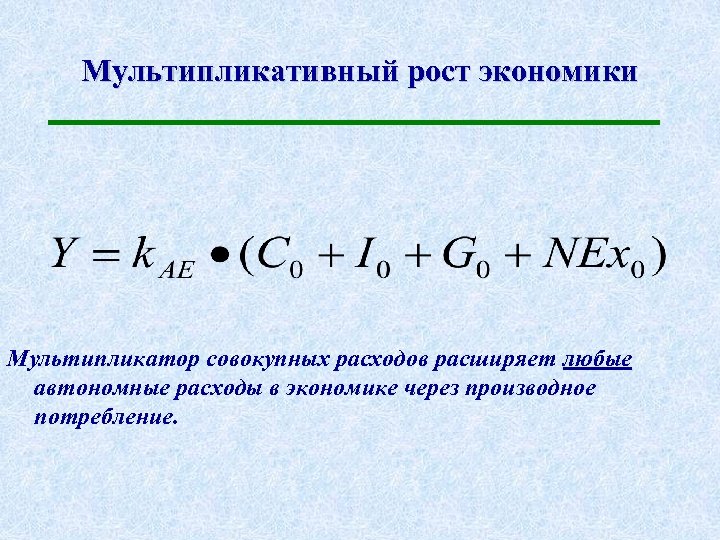 Мультипликативный рост экономики Мультипликатор совокупных расходов расширяет любые автономные расходы в экономике через производное