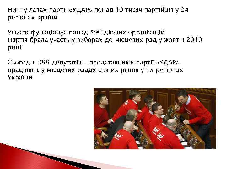 Нині у лавах партії «УДАР» понад 10 тисяч партійців у 24 регіонах країни. Усього